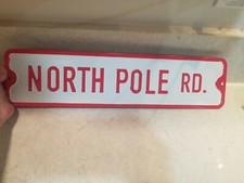 North Pole Road Large Metal Hanging Christmas Sign Decoration Plaque Red White