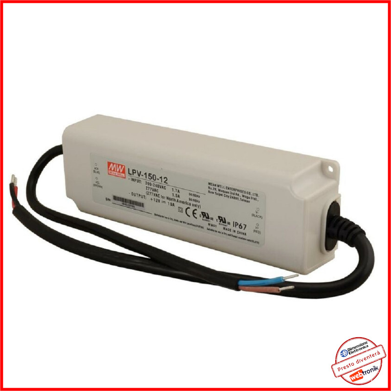 Trasformatore LED 12V 150W LPV-150-12 Mean Well | Protezione IP67