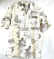 P & L Fashions Hawaiian Shirt Featuring Sketch Graphics Tan Map Grid Islands Med
