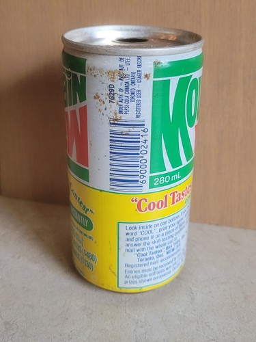 MOUNTAIN DEW Vintage CONTEST Soda Can PUSH BUTTON Steel FLAT TOP Toronto Canada - Picture 3 of 16