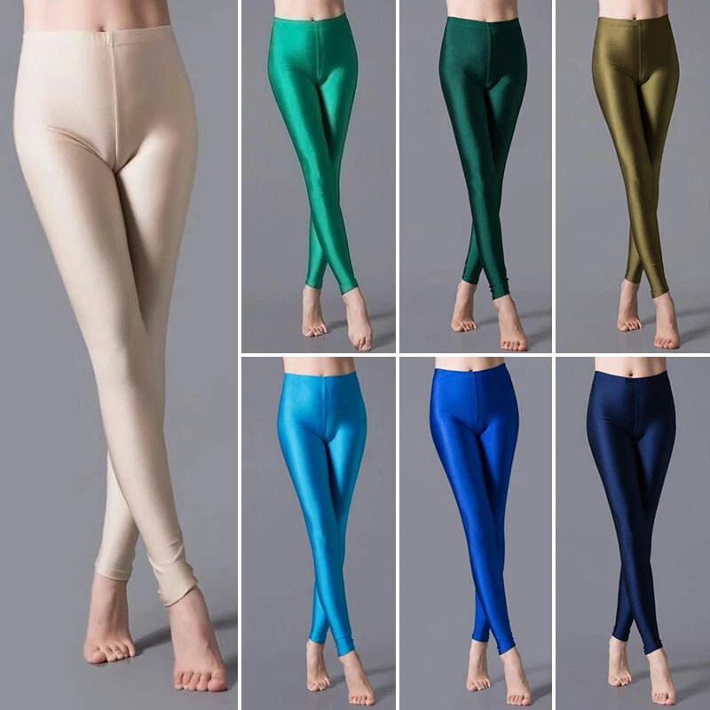 Womens Glitter Yoga Leggings Satin Glossy Opaque Super Shiny Stretchy Pants  New