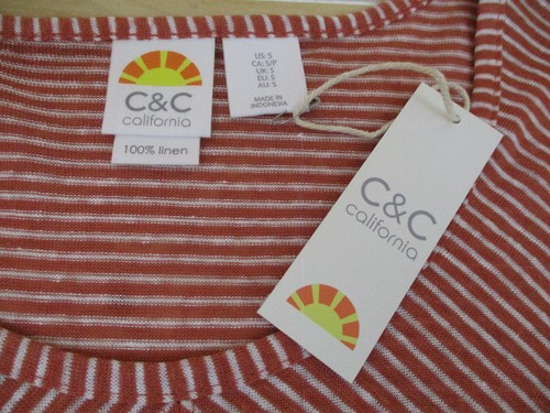 womens C & C short sleeve linen shirt S thin diagonal stripes NWT flowy knit - Picture 6 of 9