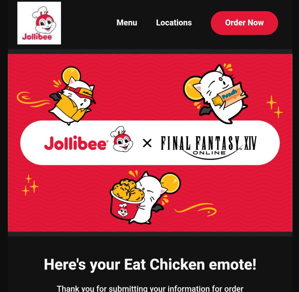 Jollibee × FINAL FANTASY XIV North America, In-game 'Eat Chicken' emote! Code