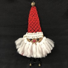 Vtg Macrame Santa Claus Christmas Wall Decor 18  Bells Wood Beads Handmade 70s