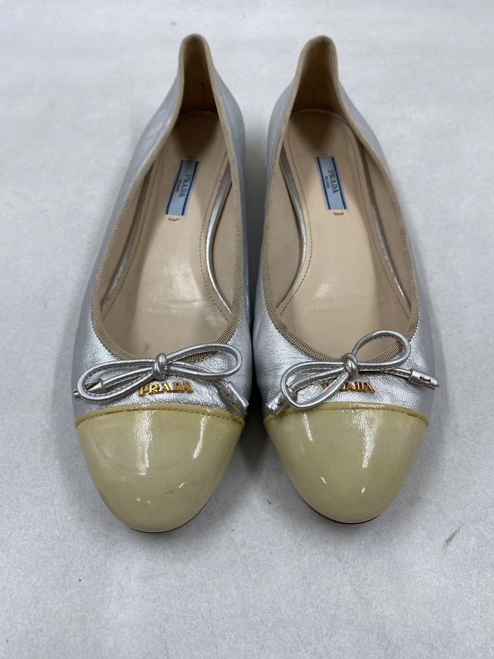Prada Silver Leather Slip-On Cap Toe Ballet Flats W 9 - Image 2 of 4