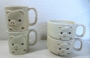 Otagiri Pig Mug, Soup Bowl w/Handle Vintage 1980's Lot of 4
