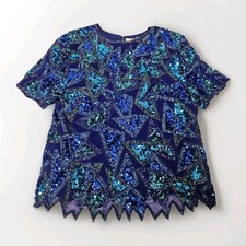 Vtg 90s Blue Geometric Sequin Beaded Silk Formal Top Party Gatsby Glam Large