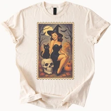 Halloween Witch Pin Up with Black Cat and Pumpkins Graphic T Shirt Fall Tee