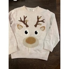 Kids H M Reindeer Christmas Sweater Long Sleeve Crew Neck Light Beige Size 4-66Y