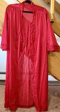 VTG 80s Olga Red Nylon Lace Robe Style 93277 Size S Peignoir Duster Grand Sweep