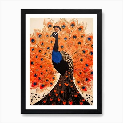 Pfau, Holzschnitt Tierzeichnung 2 gerahmte Wandbilder Poster Leinwanddruck Bild