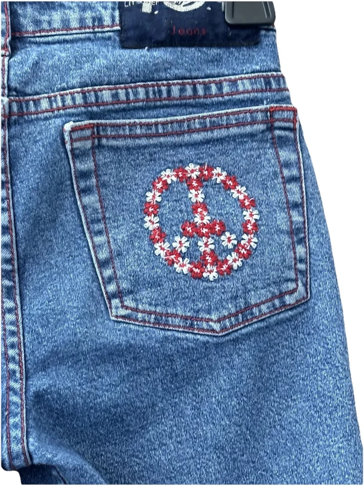 LEI Girls 10 Capri Jeans Contrasting Red Stitching  Vintage Y2K Flower Power - Image 4 of 4