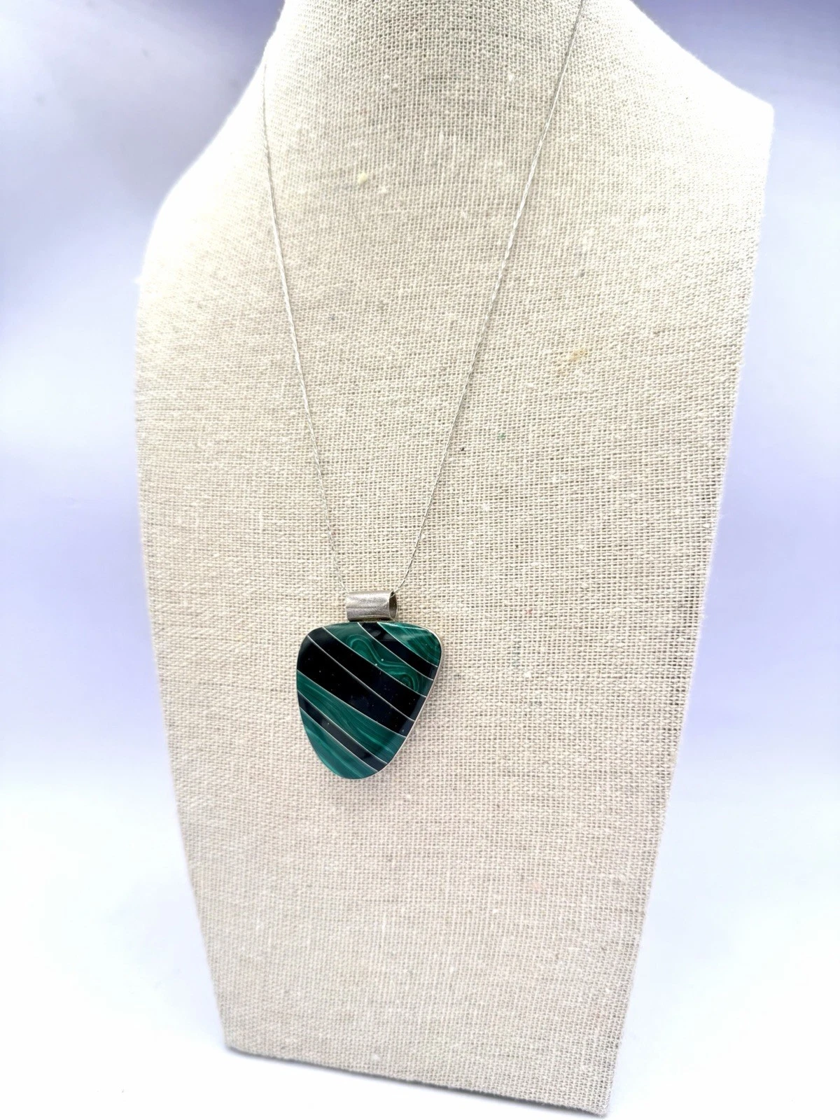 Sterling Silver Malachite Onyx Inlay Pendant Necklace Mexico 925 17 in HS - product detail image 4