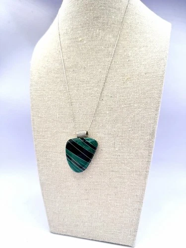 Sterling Silver Malachite Onyx Inlay Pendant Necklace Mexico 925 17 in HS image 4