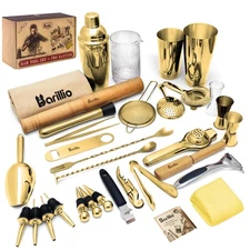 Bar Tool Set Pro Edition - Gold Stainless-Steel Cocktail Shaker Set - Mixolog...