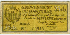☆ SPAIN CIVIL WAR 1937 • BANYOLES 25 CTS MUNICIPAL ☆ GUERRA CIVIL ESPAÑOLA☆D1462