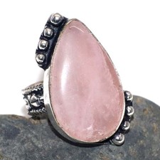 925 Silver Plated Rose Quartz Ring Handmade Gemstone Jewelry Size US 7 JW