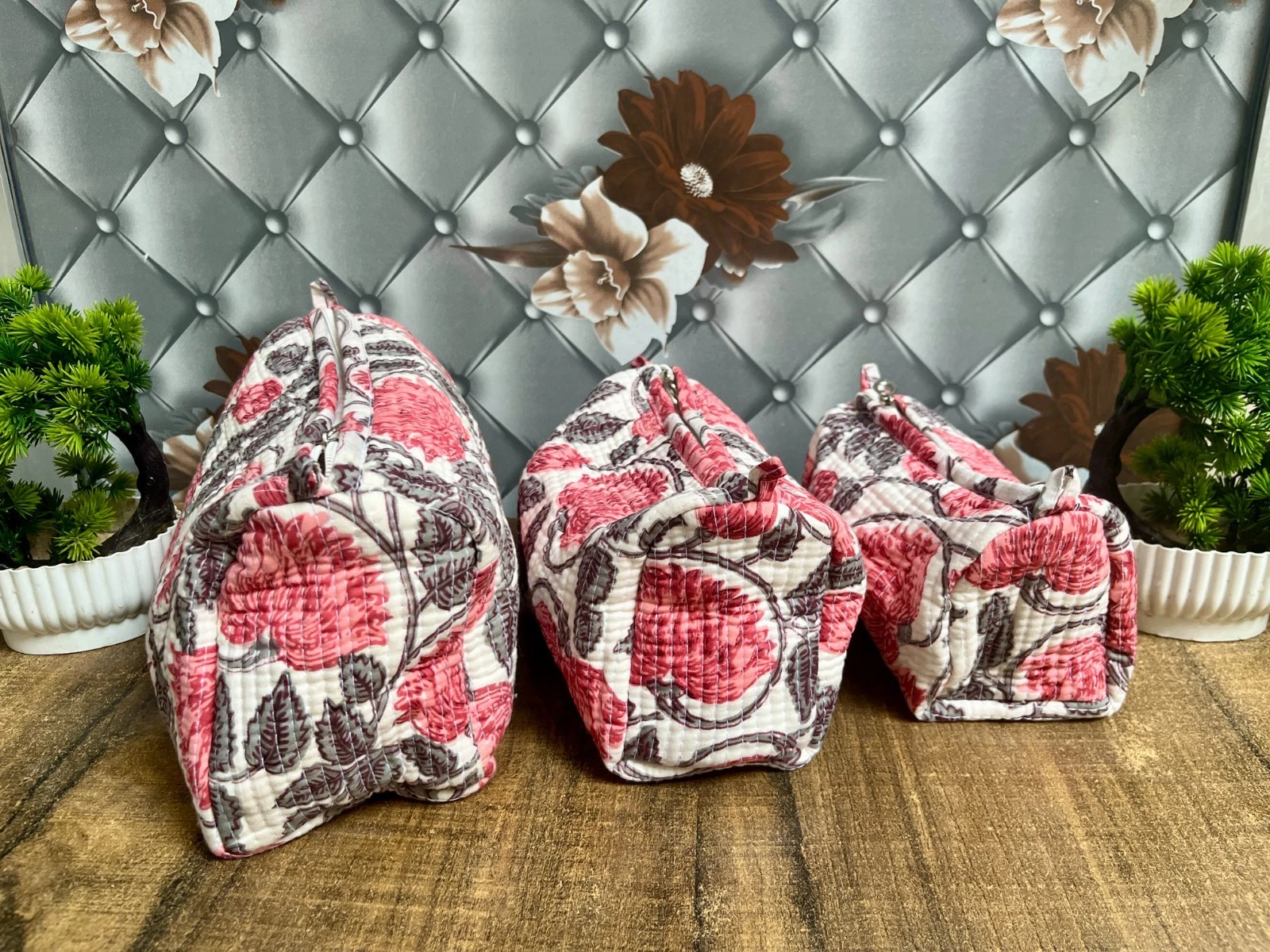 Indian RED Floral Printed Toiletry Bag Unisex Makeup Bags Waterproof 3 Pcs. Sets