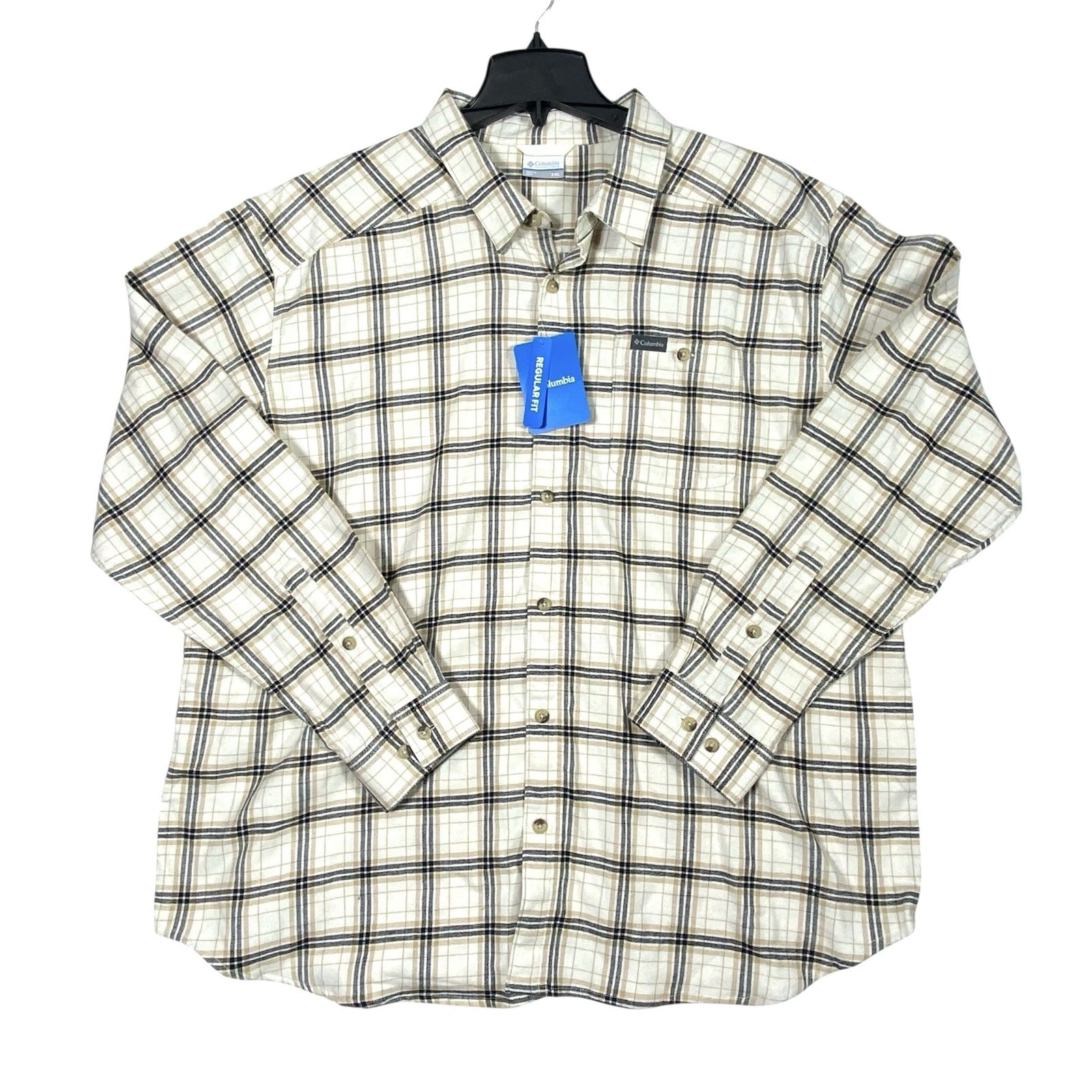 Columbia Cornell Woods Flannel Shirt Mens XXL Beige Blue Long Sleeve Reg Fit NWT