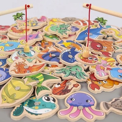 Magnetic Fishing Game Set Kids Montessori Wooden Educational Toy Birthday Gift