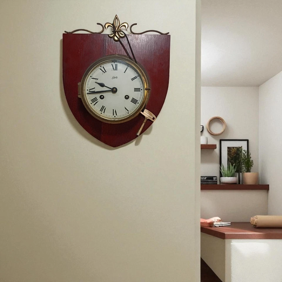 "Antiguo reloj de pared Schatz de 1940 de 6"" de diámetro, placa de madera!! ¡Funciona muy bien!! Foto 2 de 4