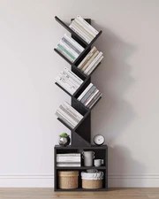 6 Tier Tree Bookshelf, Small Bookcase with Storage Cabinet, Modern Narrow Booksh