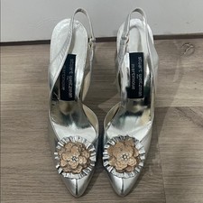 Vintage Stuart Weitzman Silver Floral Embellished Slingback Heels Size 7.5