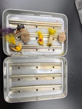 Vintage Perrine tin fly fishing lure holder w/ lures