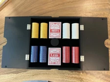 Wooden Portable Poker Case With New Unopened Poker Chips And New Unopened Cards