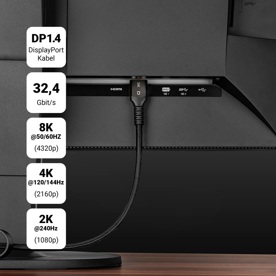 DisplayPort Kabel 2m - DP 1.4 Monitor Bildschirm Kabel 8K@60Hz 4K@120Hz SEBSON - Bild 4 von 4