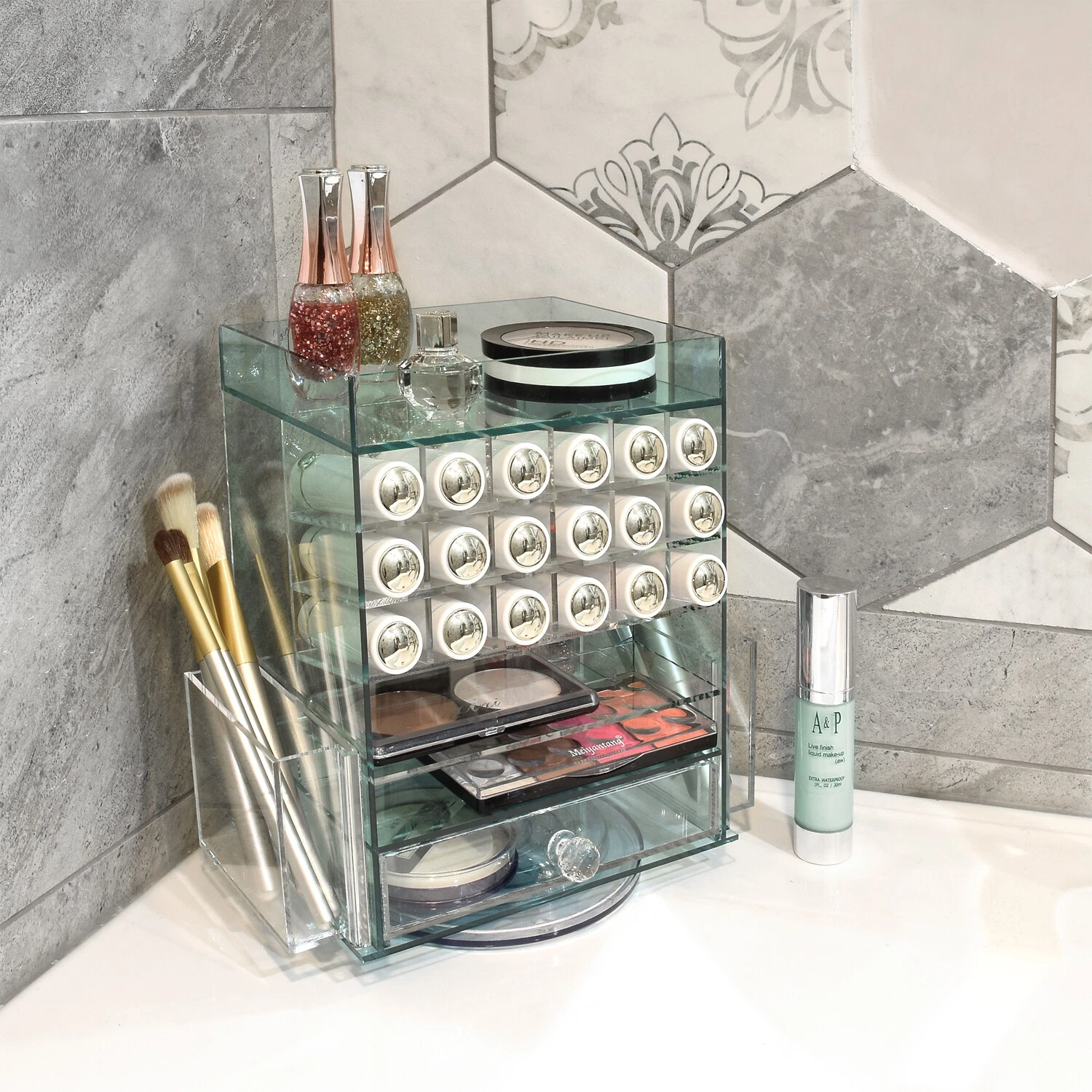 Neuxi Rotating Acrylic Makeup Organizer with 18 Lipstick Slots, Green