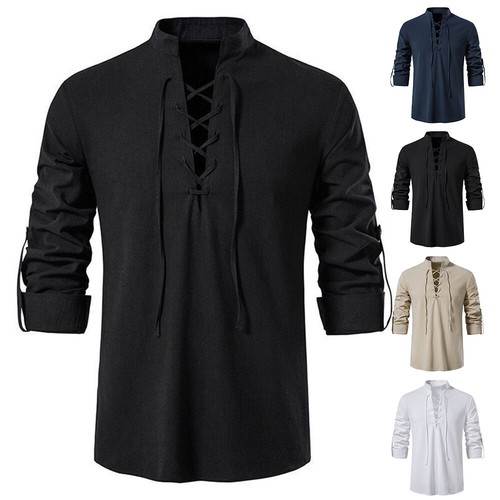 Renaissance Men Knight Medieval Viking Pirate Costume Lace Up Tops Cosplay Shirt - Picture 2 of 13