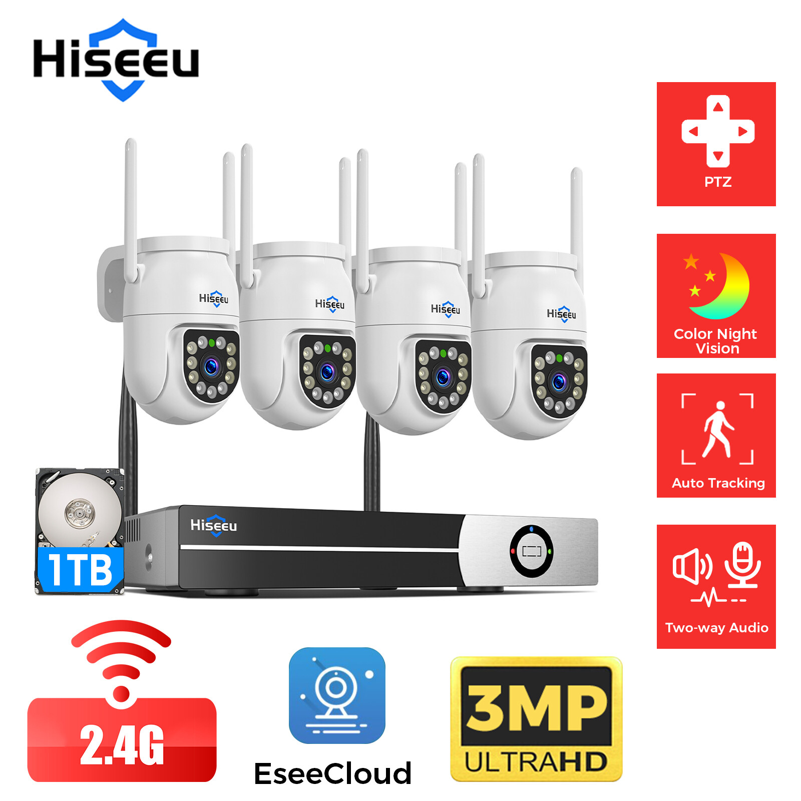 Hiseeu CCTV Security Camera System,3MP PTZ Camera,5G Wifi 16CH NVR,Eseecloud APP