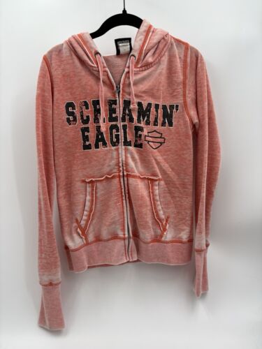 Harley-Davidson Womens Screamin' Eagle Full Zip Orange Distressed Hoodie Small