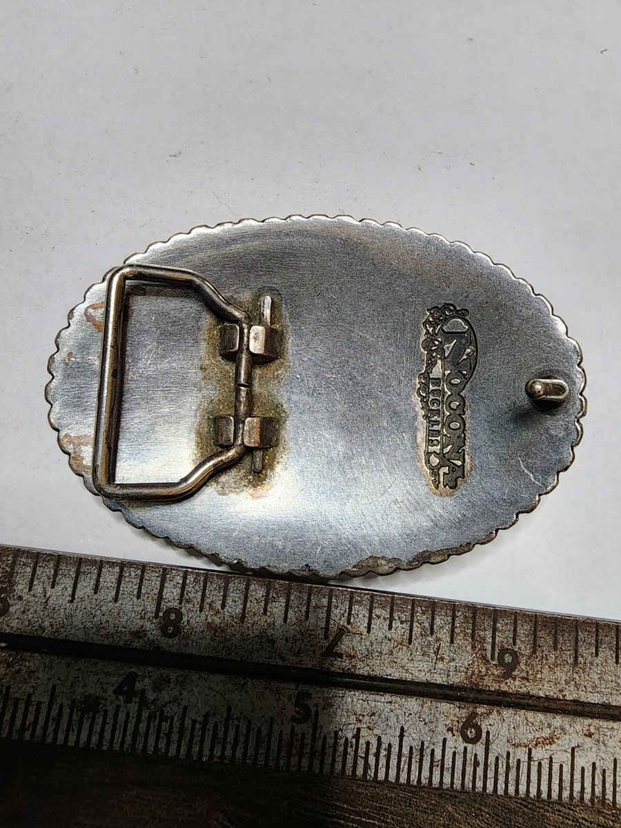 Leather Vintage Nocona Rodeo Belt with German Silver Bucking Bronco Buckle? 42 Nocona Rectangular Bucking Horse Antique Silver Tone Belt  main image 3