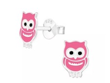 Pink Owl Sterling Silver 925 Stud Earrings. Girls Women Epoxy Jewelry. New