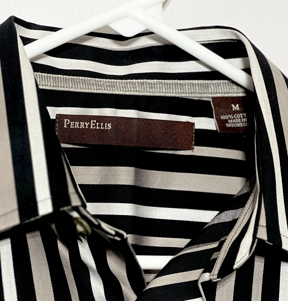 Camisa masculina manga longa listrada branca prata preta média com botões Perry Ellis - Imagem 3 de 4