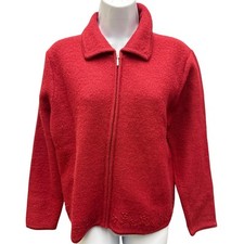 Karen Scott Sweater 100 Wool Red Zip Cardigan Women's SZ M Petite Embroidered