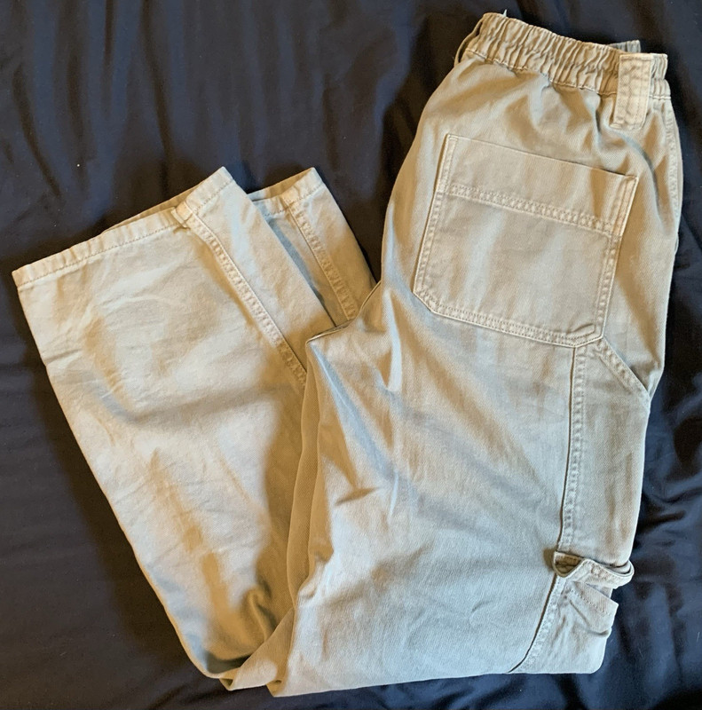 Garage Cargo Cotton Gray Button Zip Pocket Elastic Waist Women's Pants