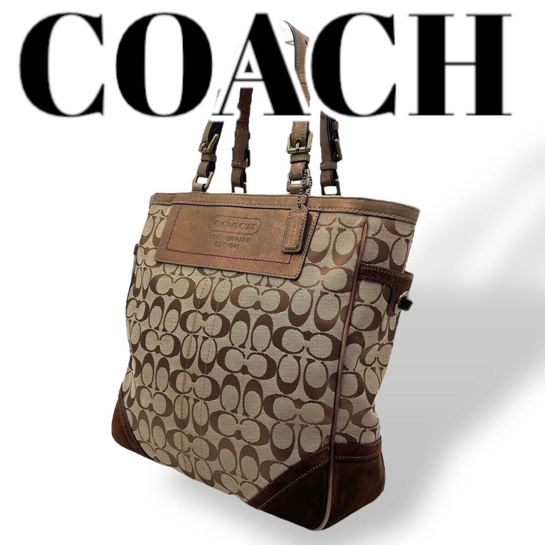 Coach Brown Leather & Canvas Tote with Embossed Logo 13x11 Used Excellent Condition