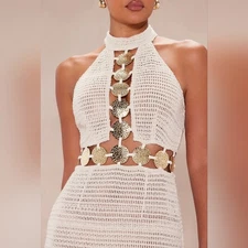 Fashion Nova Maldives Cream Mock Neck Crochet Maxi Dress Sz S Gift Going Out