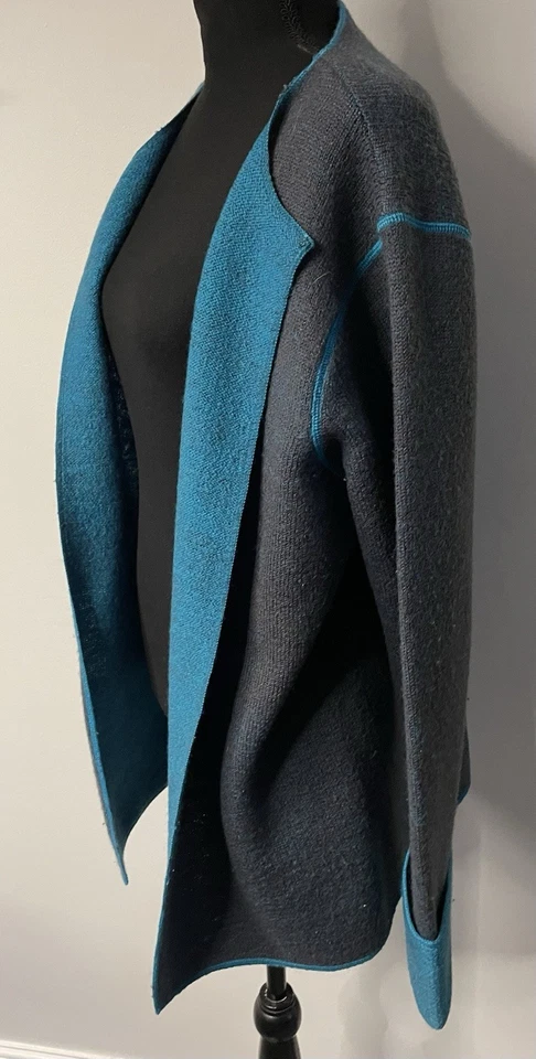 Suéter cárdigan 100 % lana SAG HARBOR verde azulado y gris de gran tamaño frente abierto talla L Foto 4 de 4