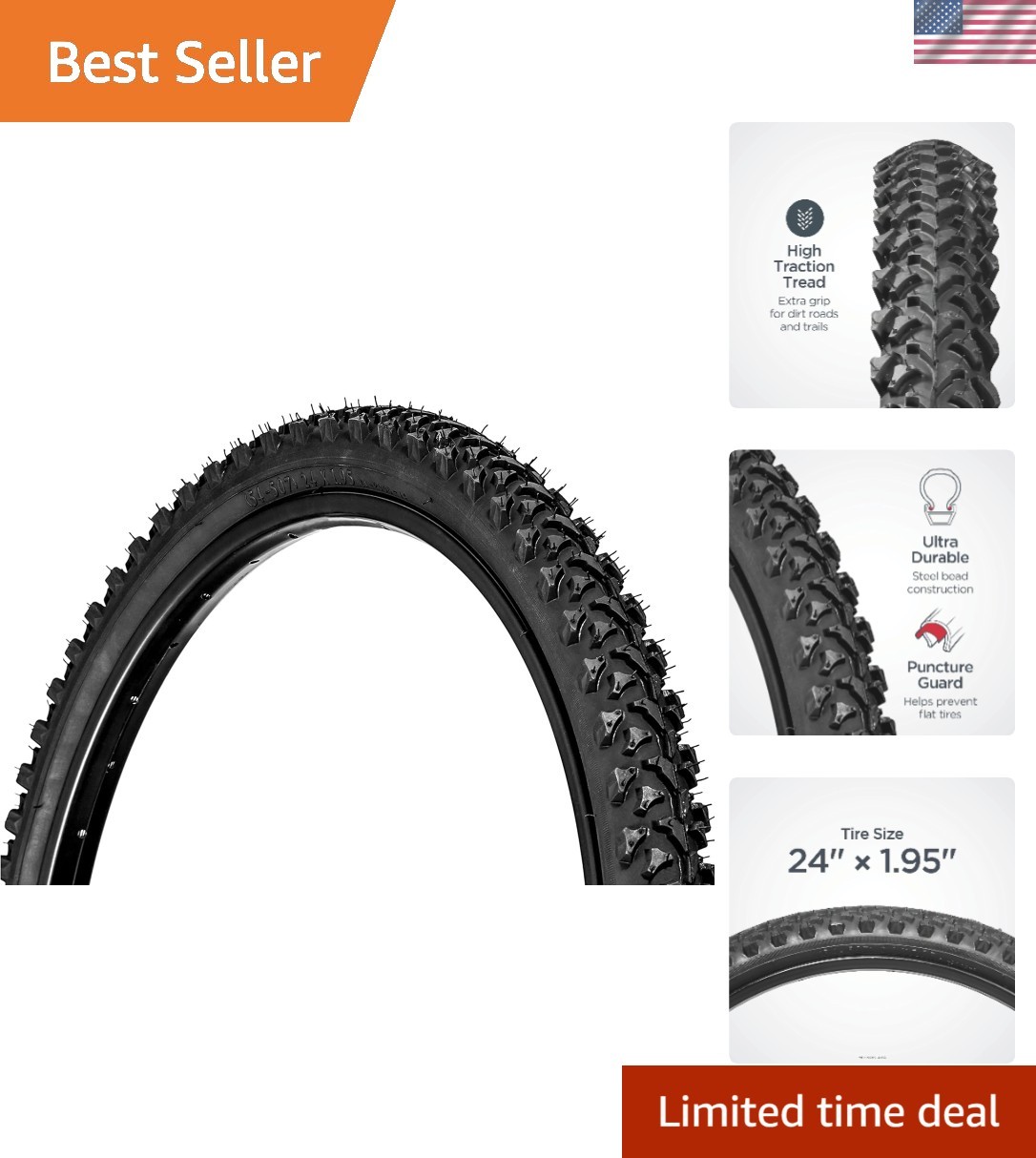 Replacement Bike Tire, 24" x 1.95" Mountain Bike Tire, Wide 