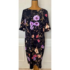 Calvin Klein Womens Black Floral Ruffle Sleeve Sheath Dress Size 14W