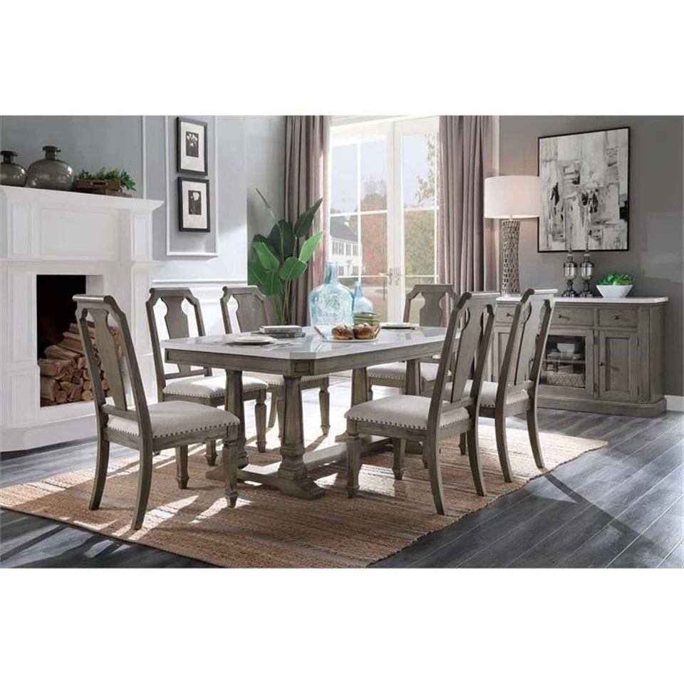 ACME Zumala Wooden Dining Table with Trestle Base in White and Weathered Oak - Image 2 of 4