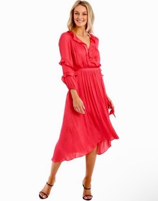 Leona by Leona Edmiston Elastic Waist Ruffle Dress | Raspberry / Red SIZE 10