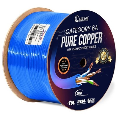 Cat6a Plenum Cable 1000ft Blue | 100% Solid Bare Copper | 750MHz, PoE++, 23AWG