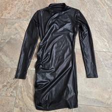 Black Faux Leather Mock Neck Ruched Long Sleeve Bodycon Mini Dress Womens S