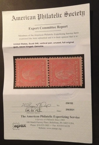 SCOTT #546 MINT NH 1921 WASHINGTON COIL SHEET WASTE PAIR CERTIFICATE  CV $460.00