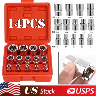 14Pc Female E Torx Star Socket Set 1/4'' 3/8'' 1/2''Dr Inverted Torx Star Bit +Case